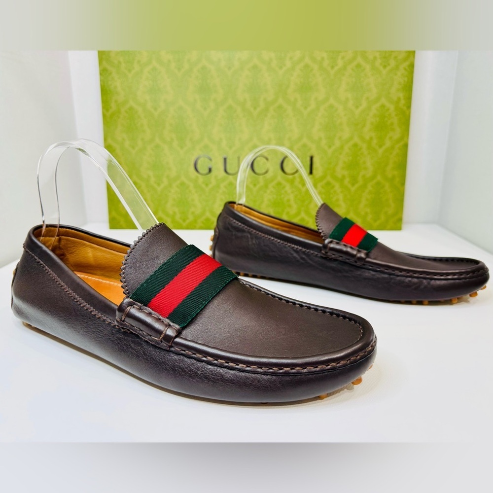 Men’s Gucci Web Accent Leather Drivers Moccasin Dark Brown Size 8.5 New no Box! - Picture 2 of 16